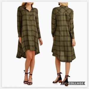 Time and Tru Olive Hi Lo Plaid Shirt Dress Tunic